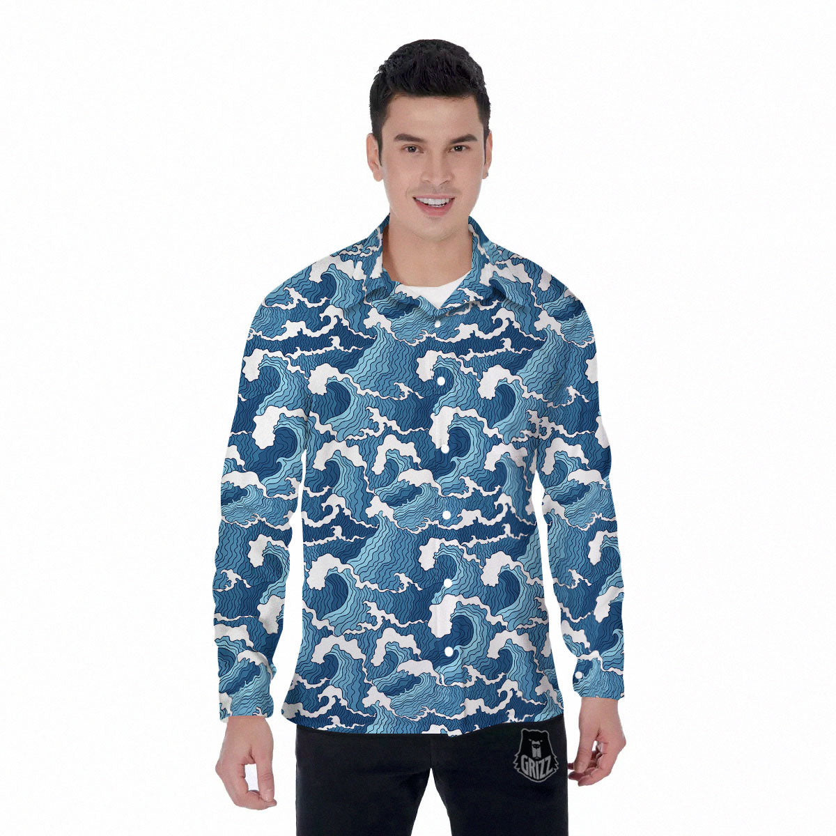 Ocean Wave Japanese Print Pattern Men's Long Sleeve Shirts-grizzshop