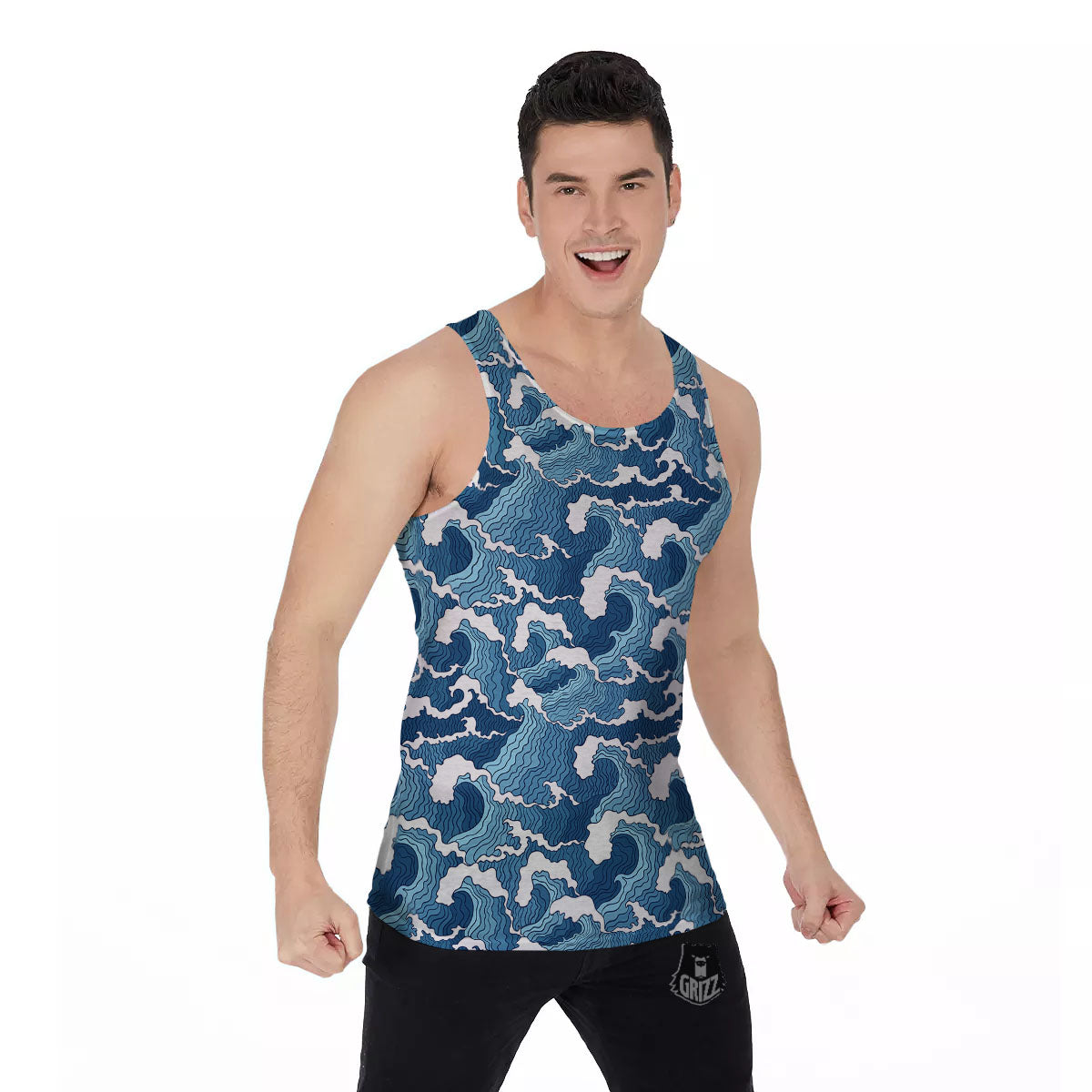 Ocean Wave Japanese Print Pattern Men's Tank Top-grizzshop