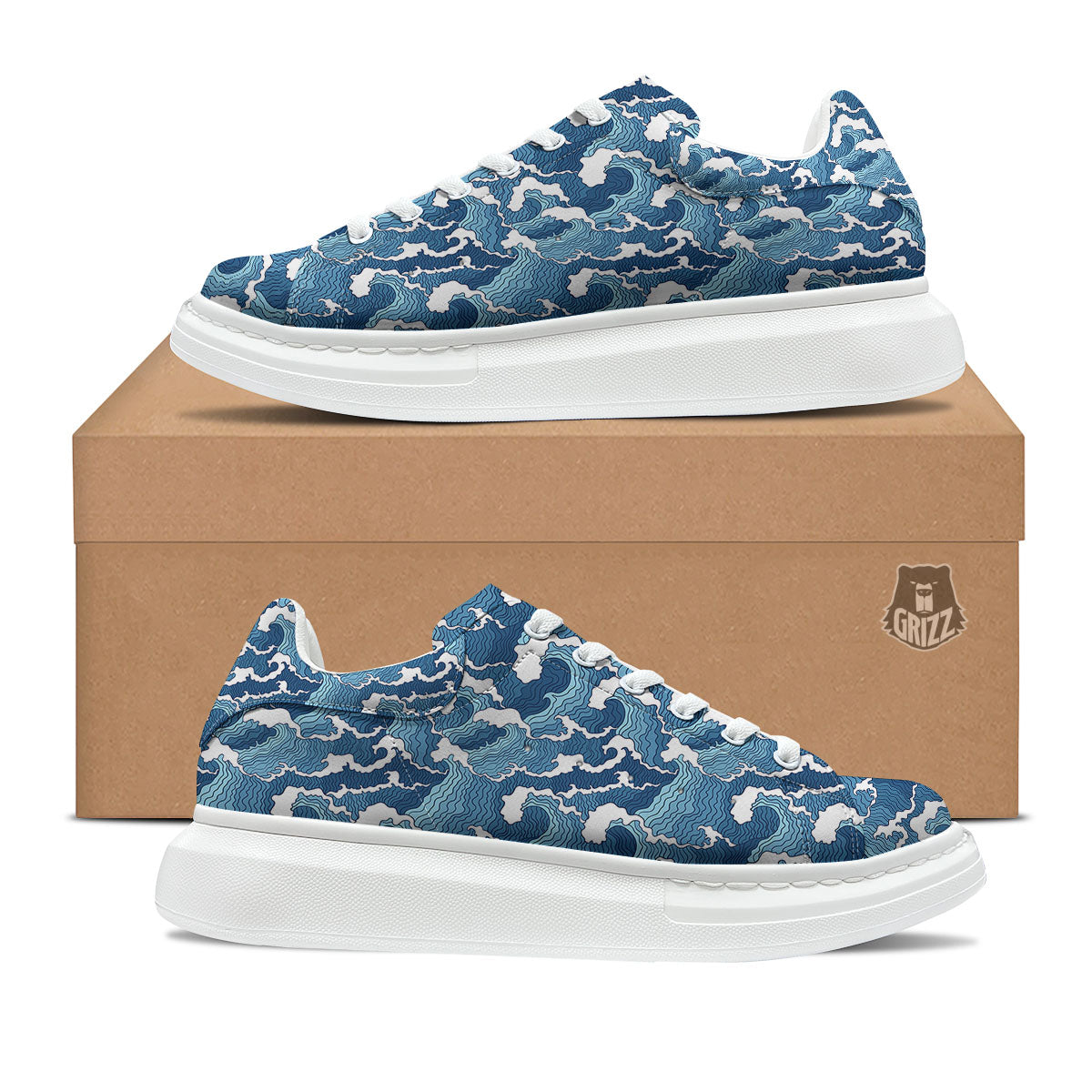 Ocean Wave Japanese Print Pattern Platform Shoes-grizzshop