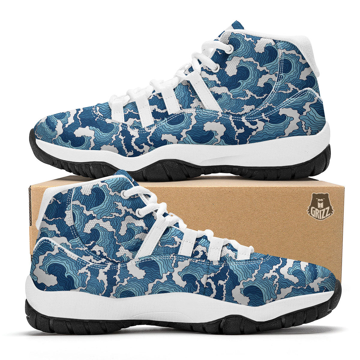 Ocean Wave Japanese Print Pattern White Bball Shoes-grizzshop