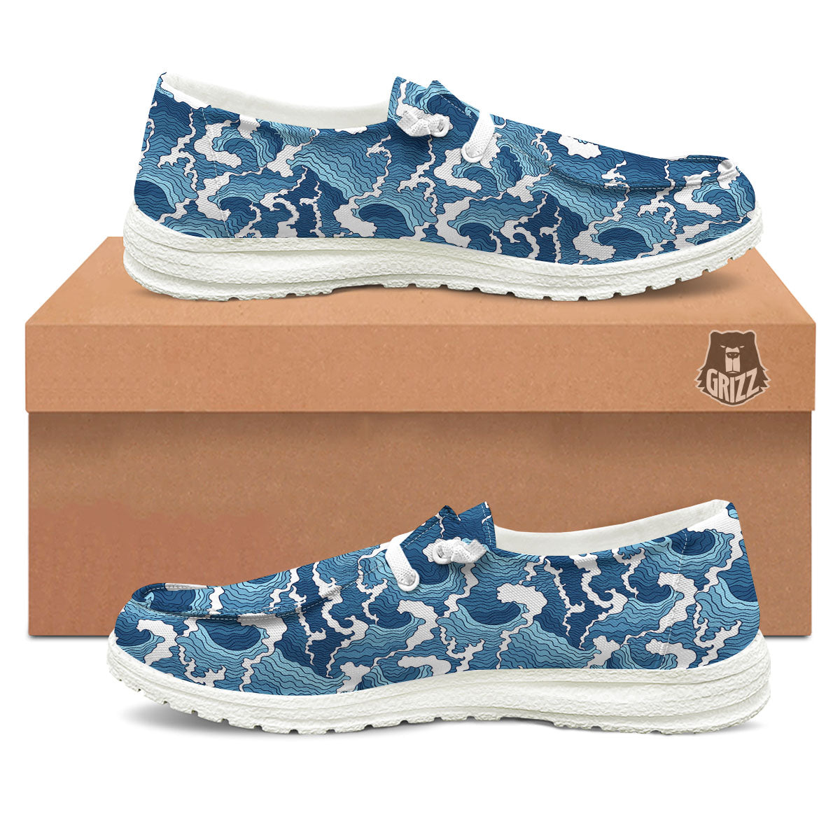 Ocean Wave Japanese Print Pattern White Loafers-grizzshop