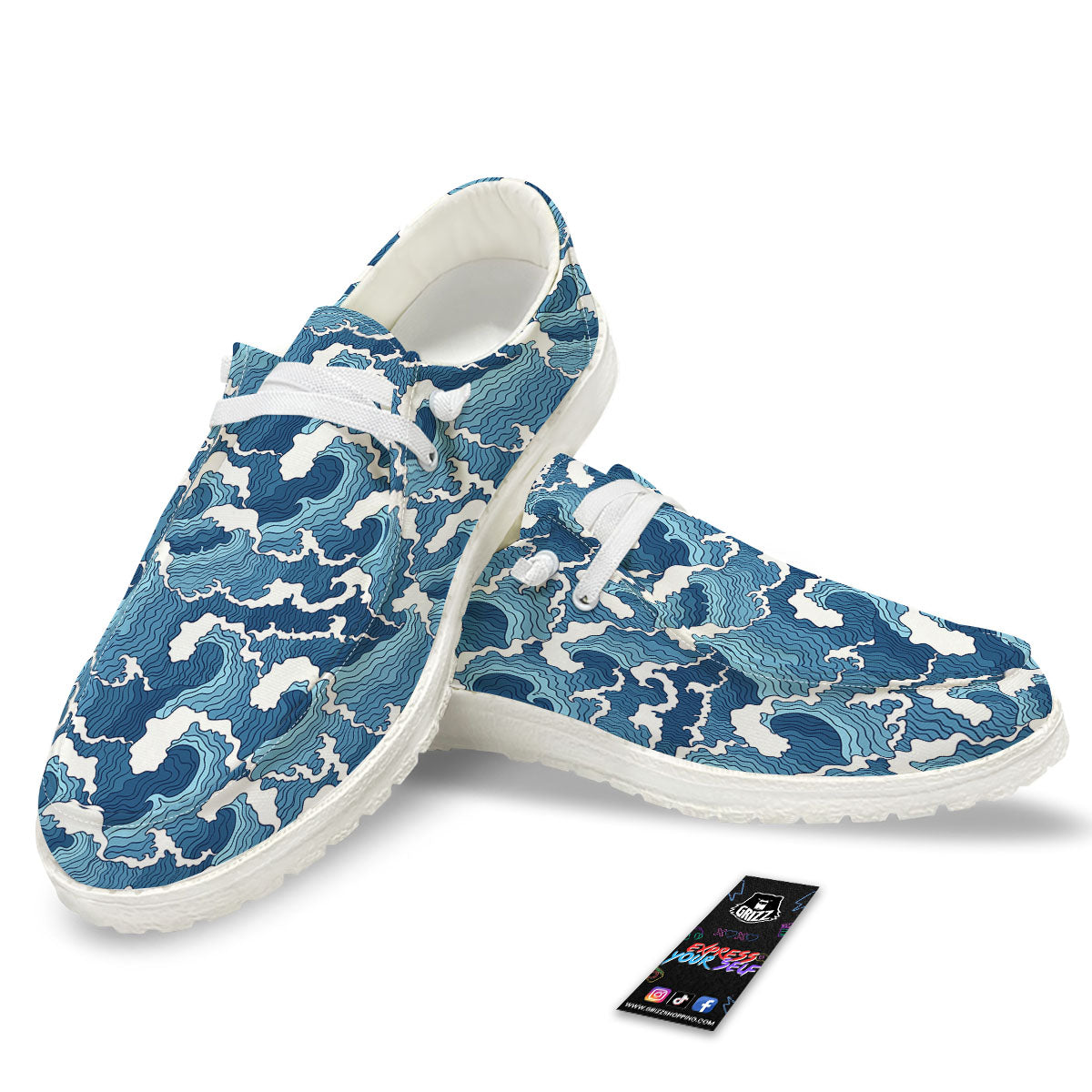 Ocean Wave Japanese Print Pattern White Loafers-grizzshop