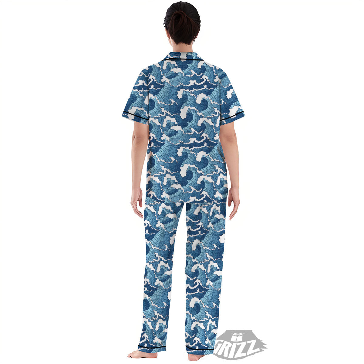 Ocean Wave Japanese Print Pattern Women's Pajamas Set-grizzshop