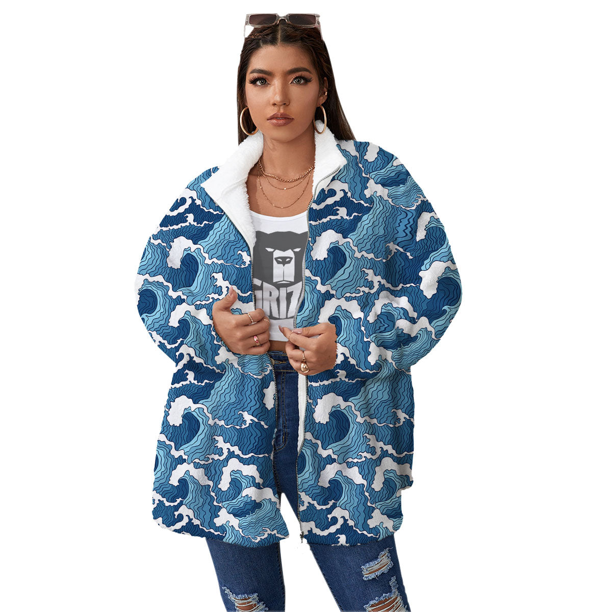 Ocean Wave Japanese Print Pattern Women's Sherpa Jacket-grizzshop