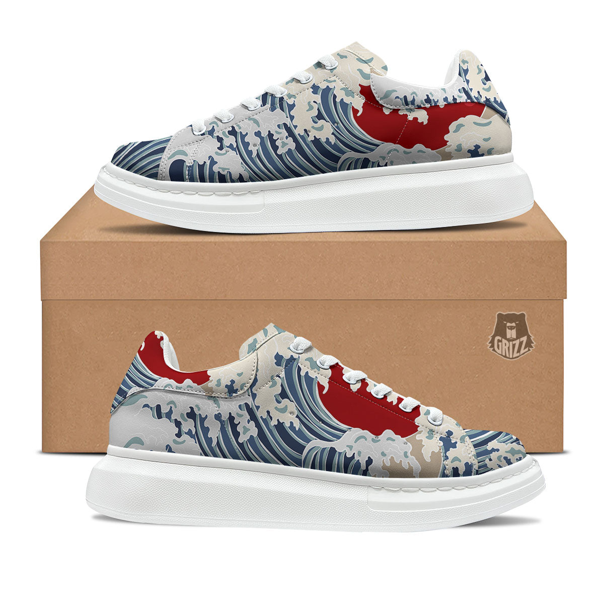 Ocean Wave Japanese Print Platform Shoes-grizzshop