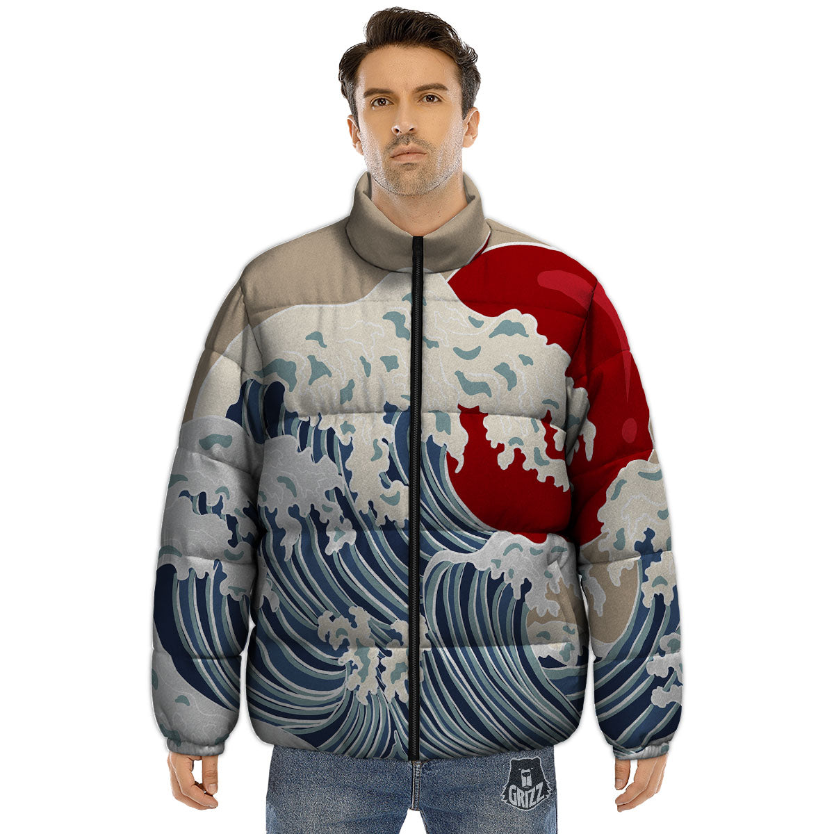 Ocean Wave Japanese Print Puffer Jacket-grizzshop