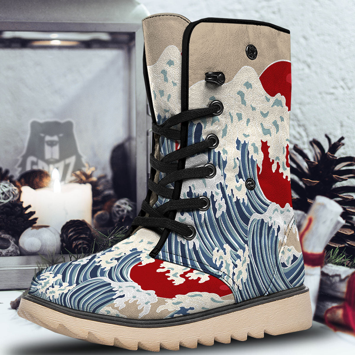 Ocean Wave Japanese Print Snow Boots-grizzshop