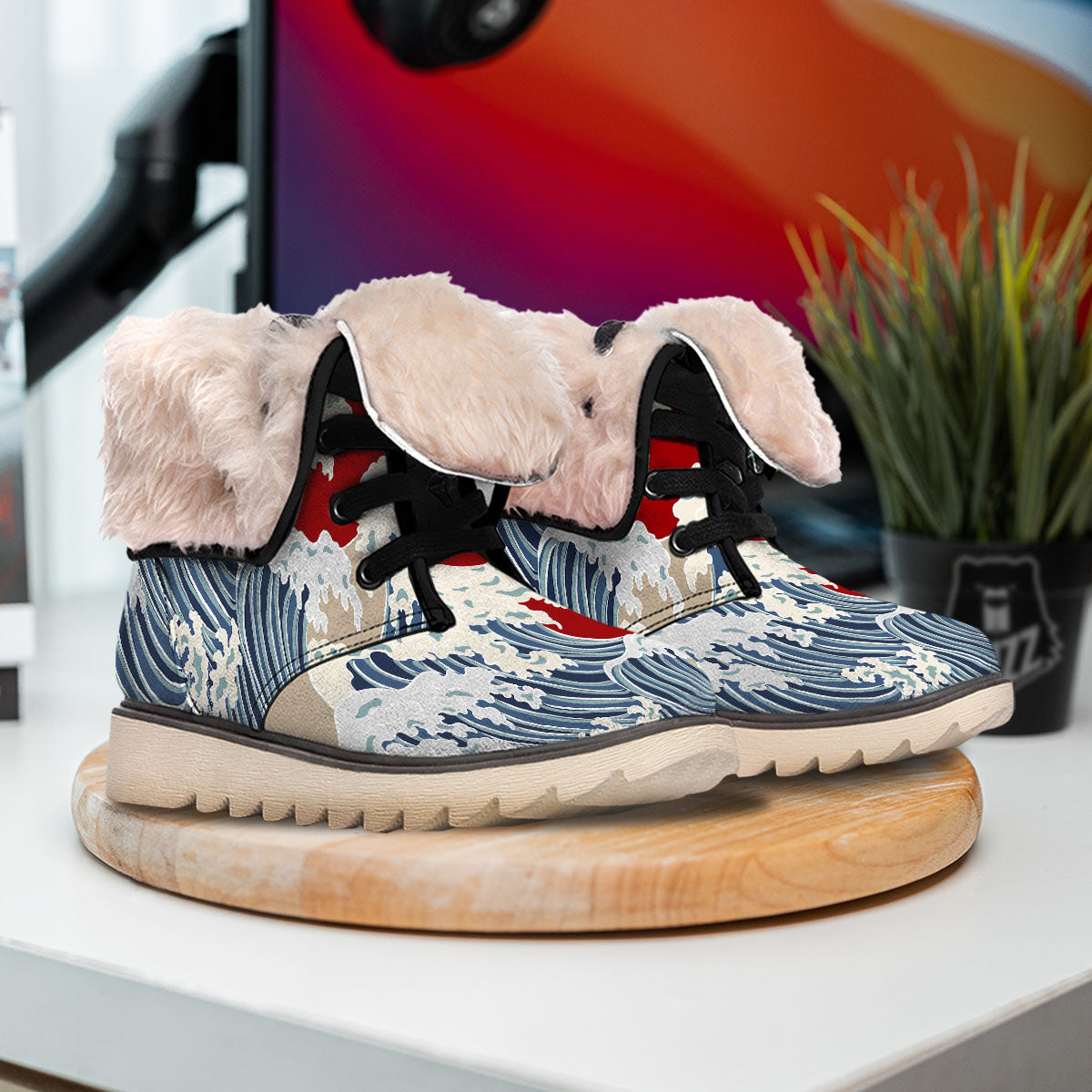 Ocean Wave Japanese Print Snow Boots-grizzshop