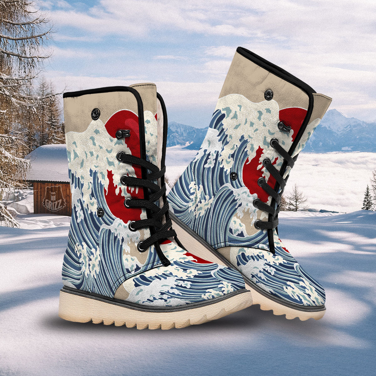 Ocean Wave Japanese Print Snow Boots-grizzshop