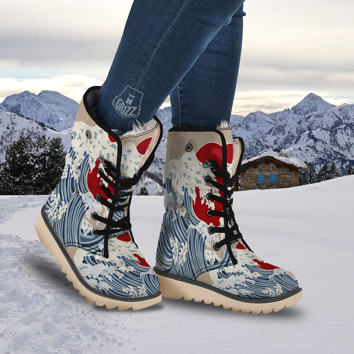 Ocean Wave Japanese Print Snow Boots-grizzshop