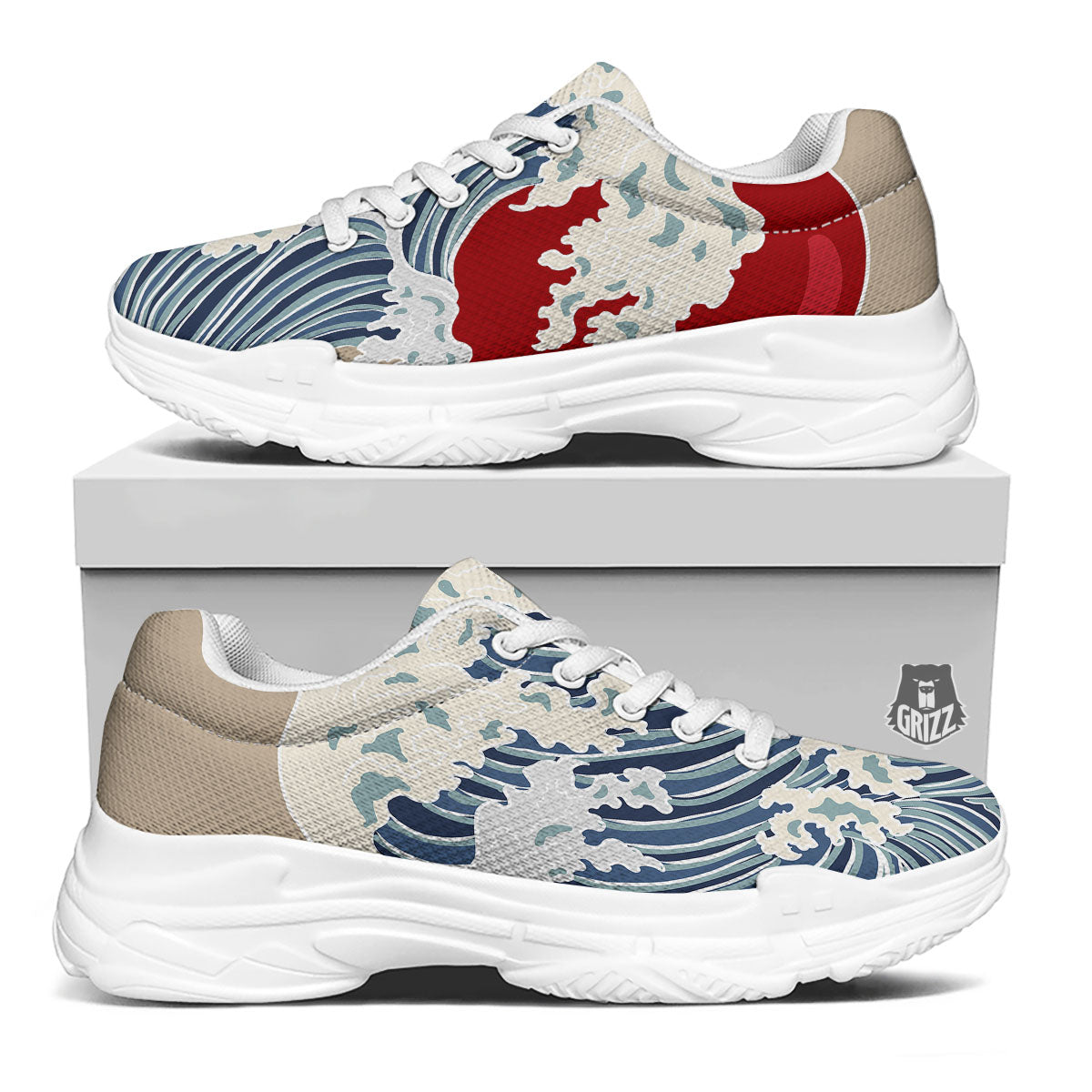 Ocean Wave Japanese Print White Chunky Shoes-grizzshop