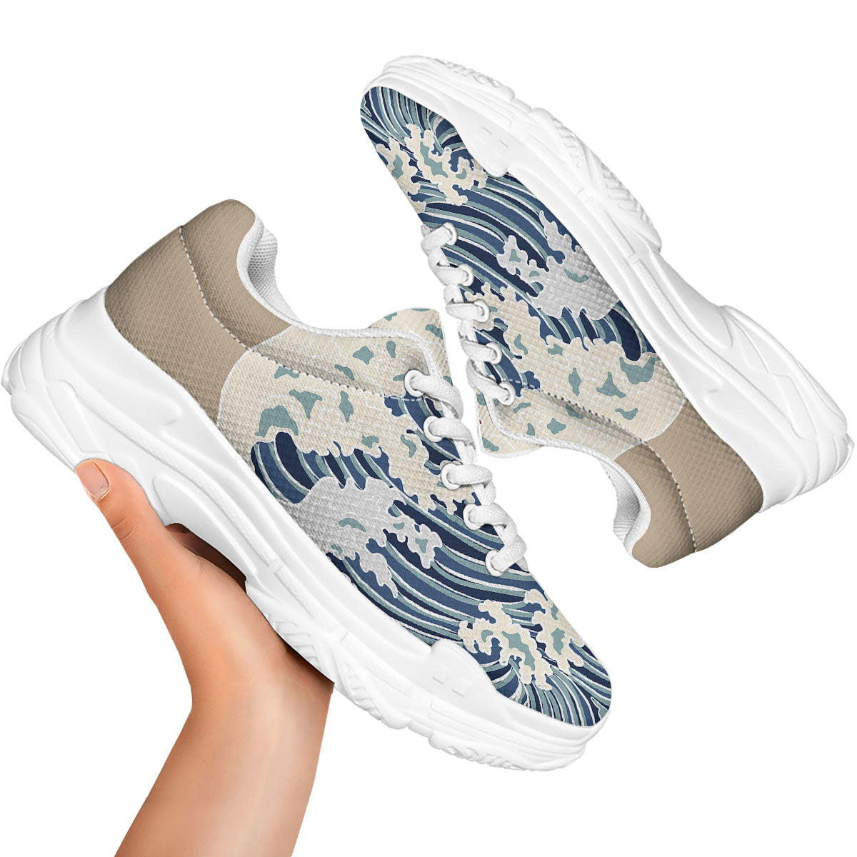 Ocean Wave Japanese Print White Chunky Shoes-grizzshop