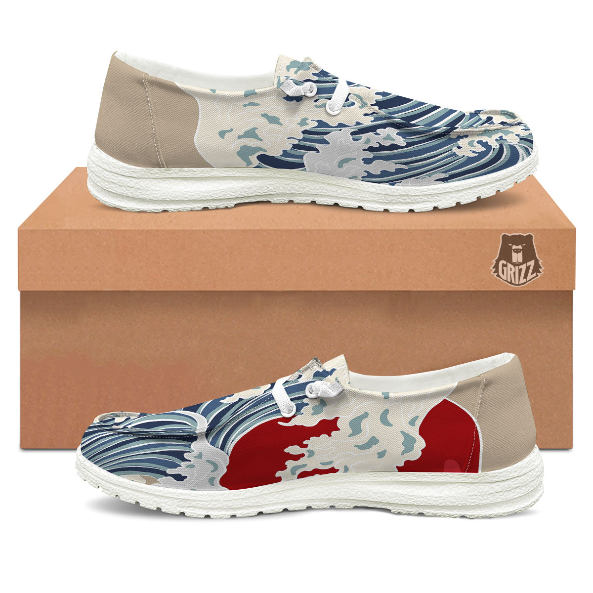 Ocean Wave Japanese Print White Loafers-grizzshop