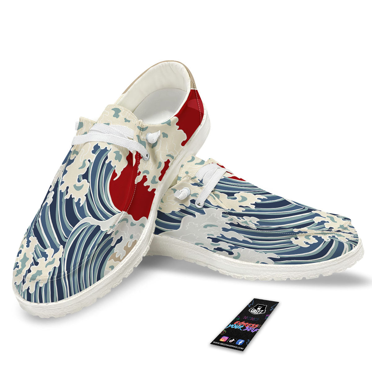 Ocean Wave Japanese Print White Loafers-grizzshop