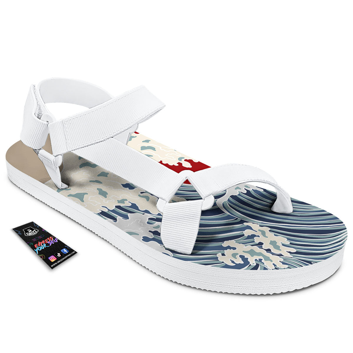 Ocean Wave Japanese Print White Open Toe Sandals-grizzshop