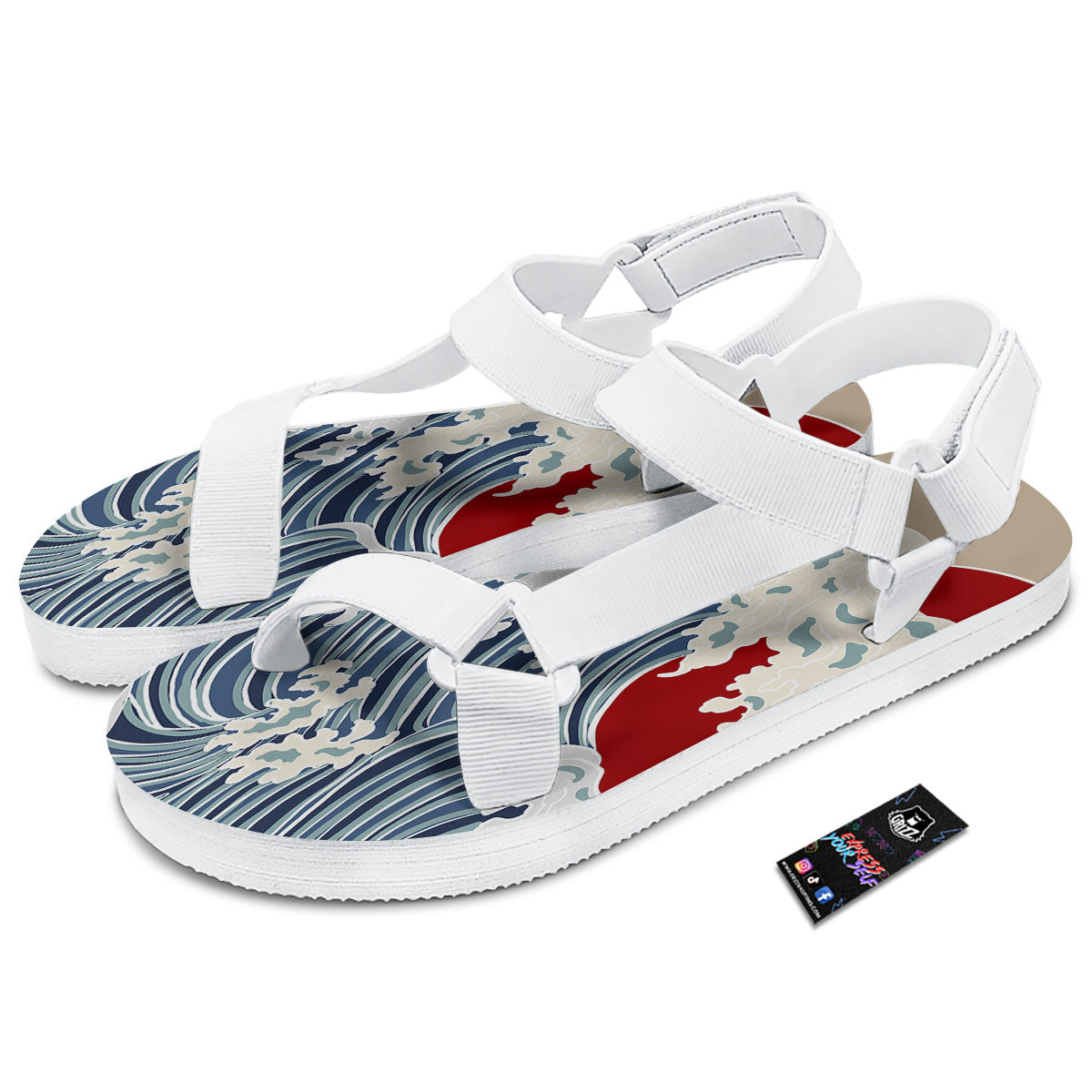 Ocean Wave Japanese Print White Open Toe Sandals-grizzshop