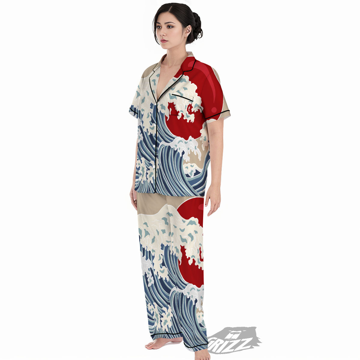 Ocean Wave Japanese Print Women's Pajamas Set-grizzshop