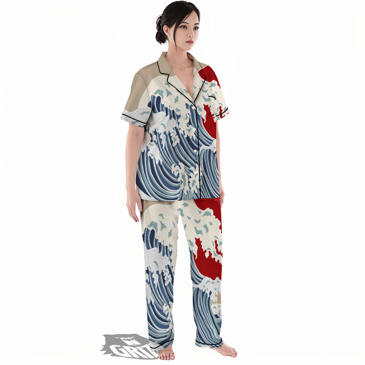 Ocean Wave Japanese Print Women's Pajamas Set-grizzshop