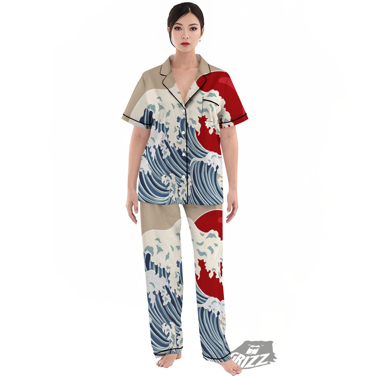 Ocean Wave Japanese Print Women's Pajamas Set-grizzshop