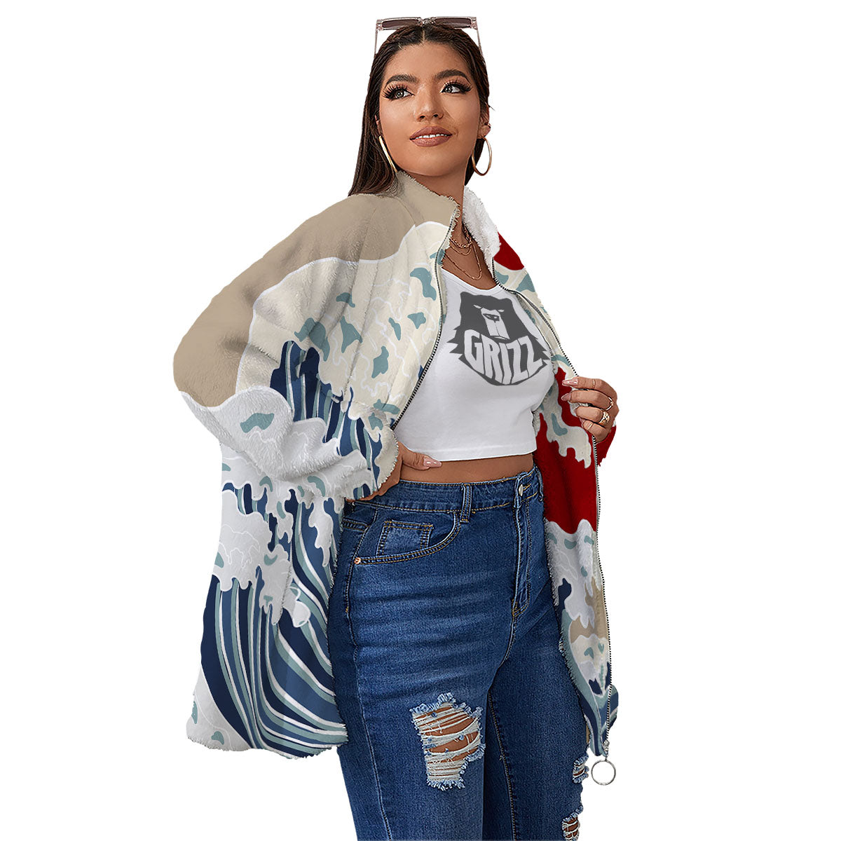Ocean Wave Japanese Print Women's Sherpa Jacket-grizzshop