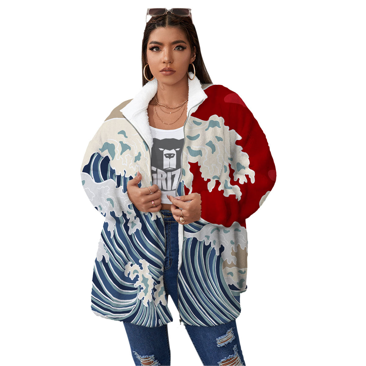 Ocean Wave Japanese Print Women's Sherpa Jacket-grizzshop