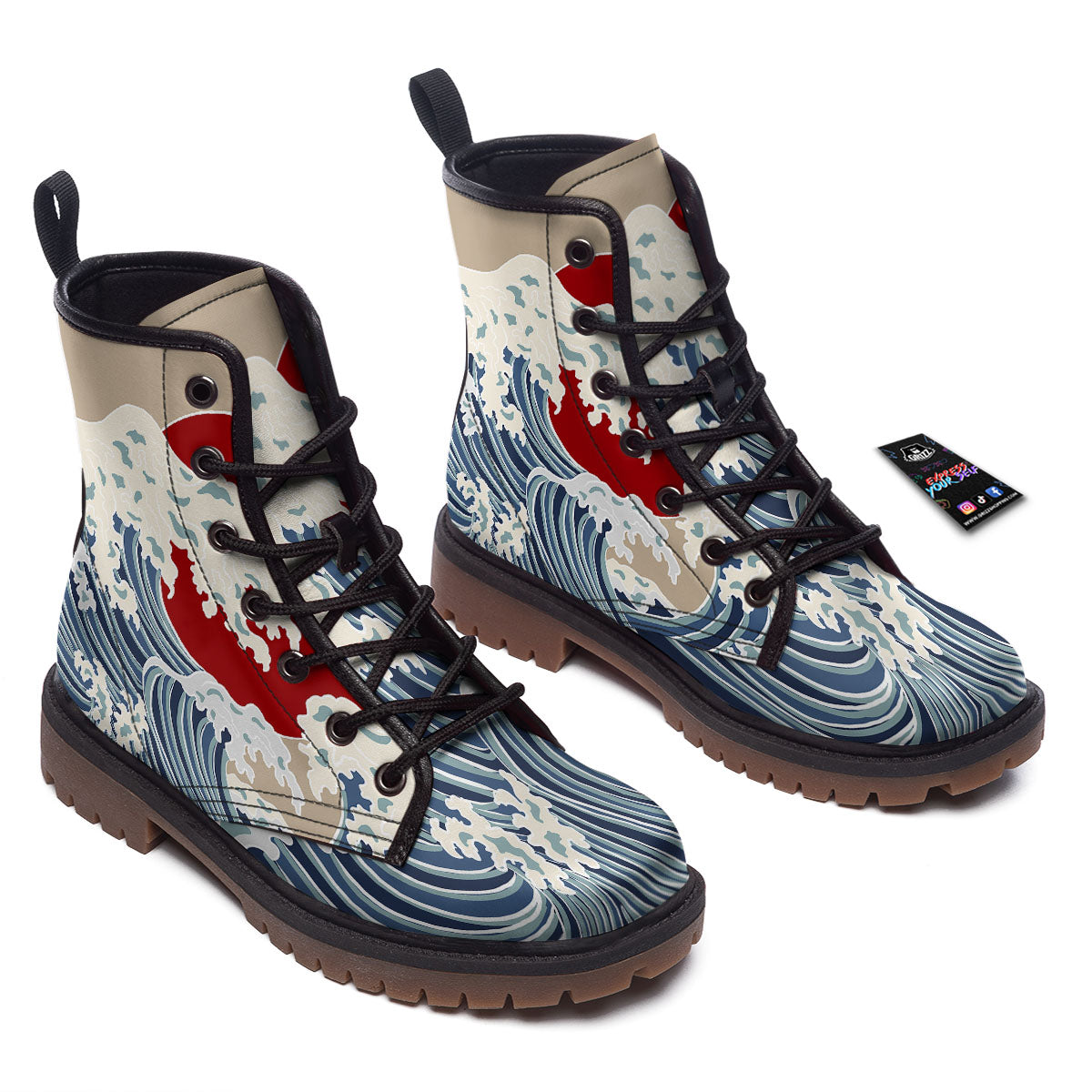 Ocean Wave Japanese Print Work Boots-grizzshop