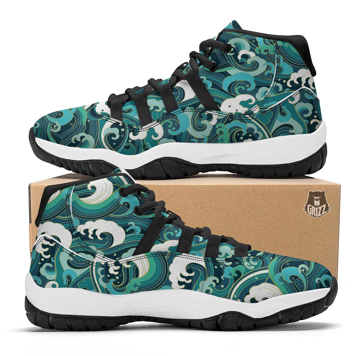 Ocean Wave Pattern Print Black Bball Shoes-grizzshop