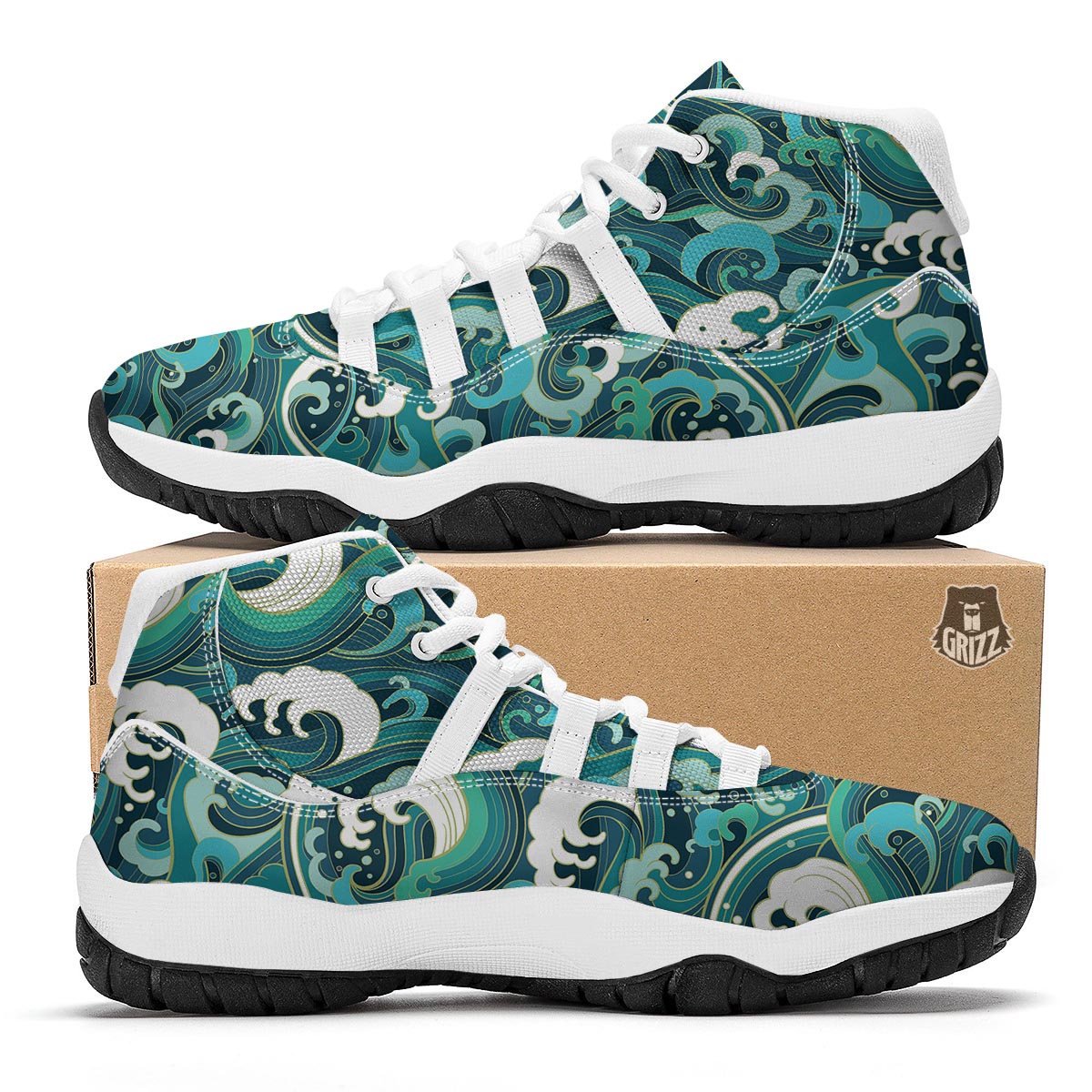 Ocean Wave Pattern Print White Bball Shoes-grizzshop