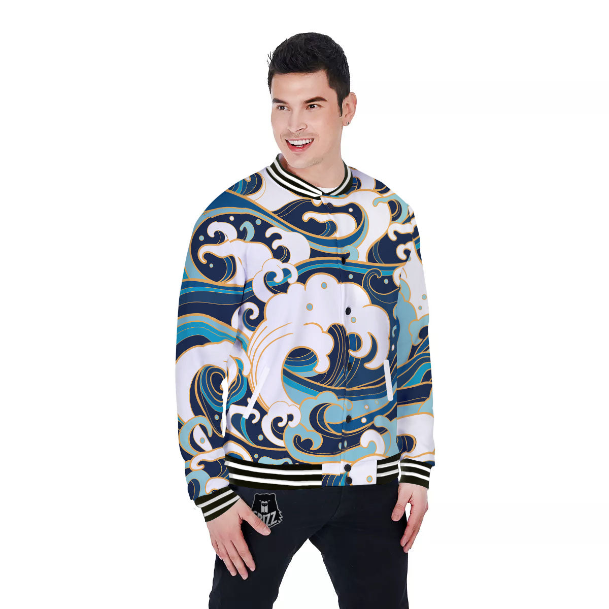 Ocean Wave Print Baseball Jacket-grizzshop