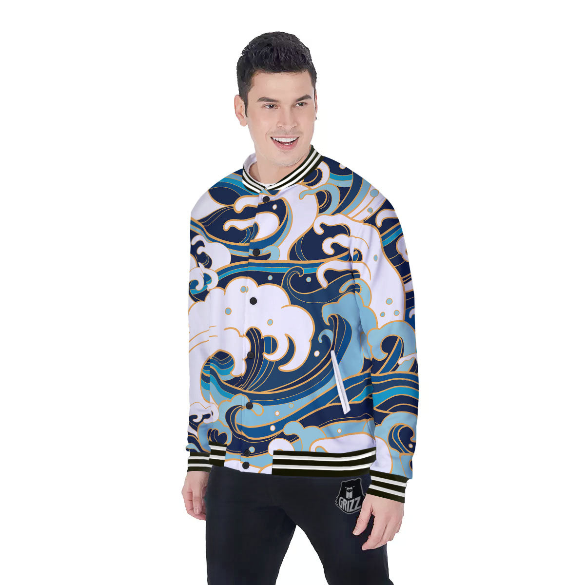 Ocean Wave Print Baseball Jacket-grizzshop