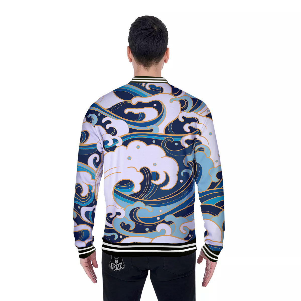 Ocean Wave Print Baseball Jacket-grizzshop