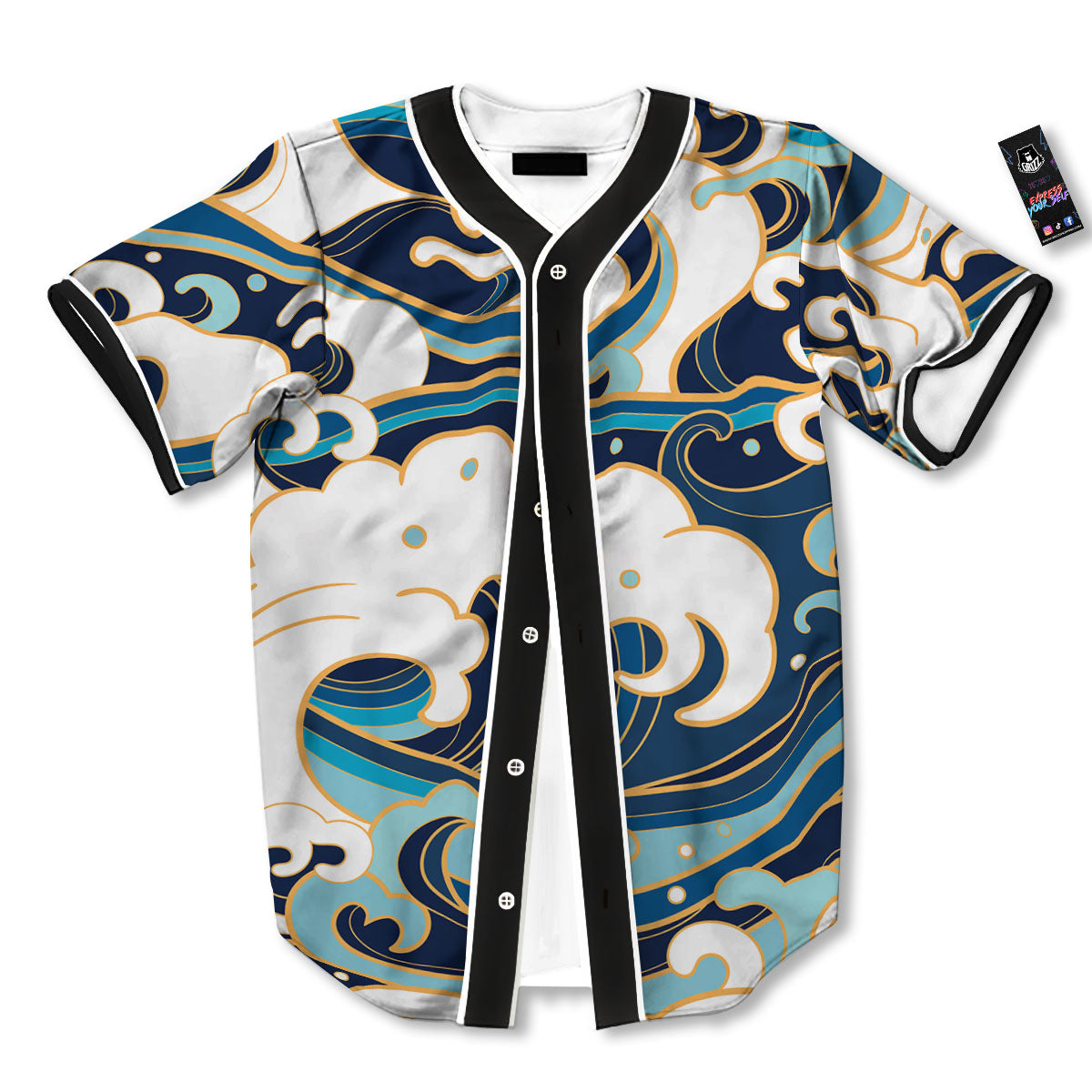 Ocean Wave Print Baseball Jersey-grizzshop