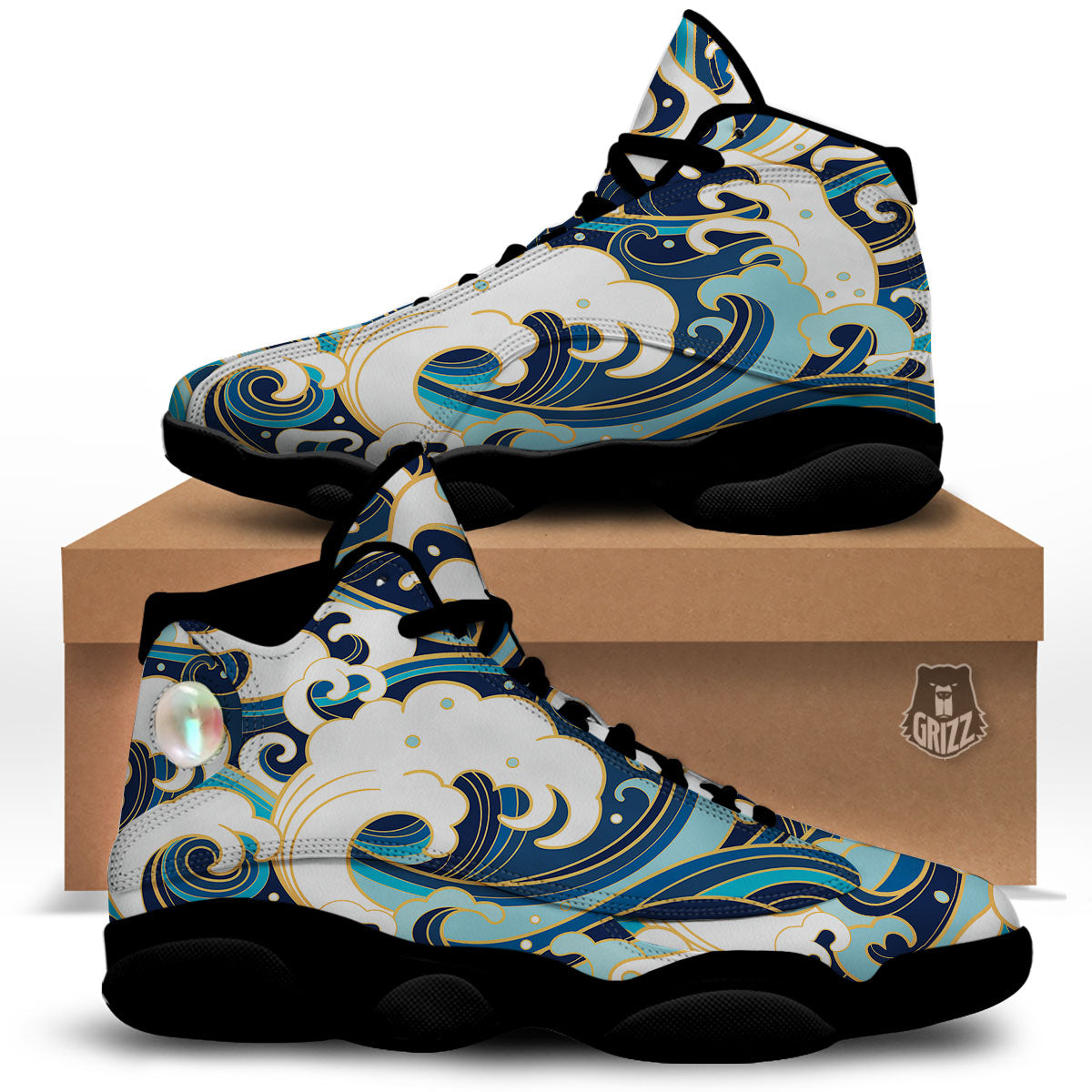 Ocean Wave Print Black Basketball Shoes-grizzshop