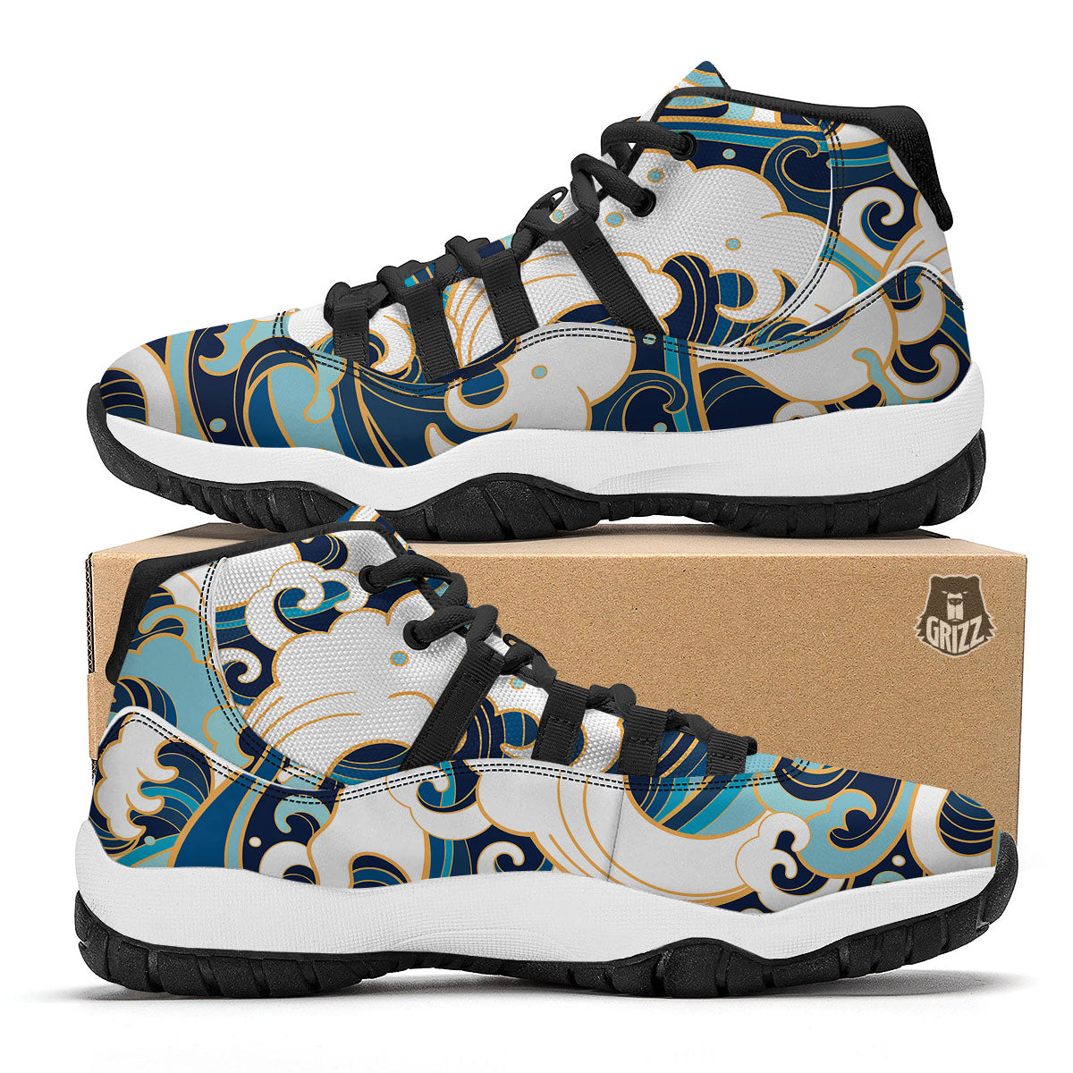 Ocean Wave Print Black Bball Shoes-grizzshop