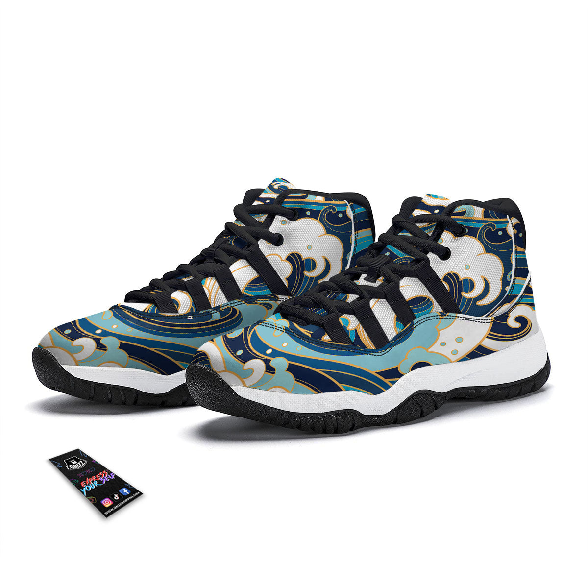 Ocean Wave Print Black Bball Shoes-grizzshop