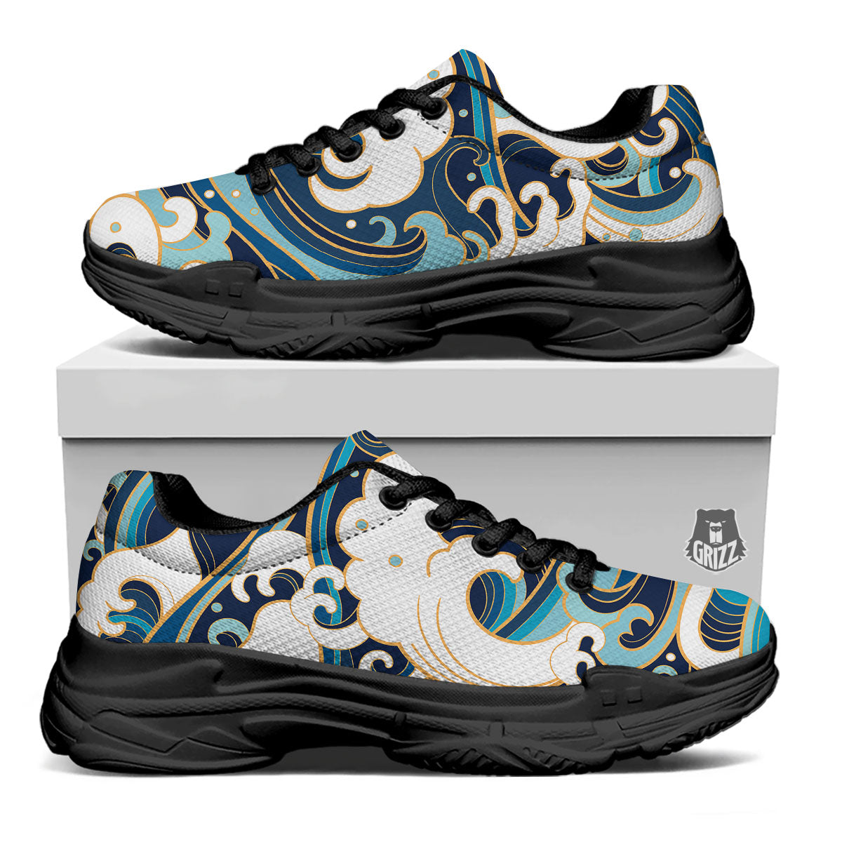Ocean Wave Print Black Chunky Shoes-grizzshop