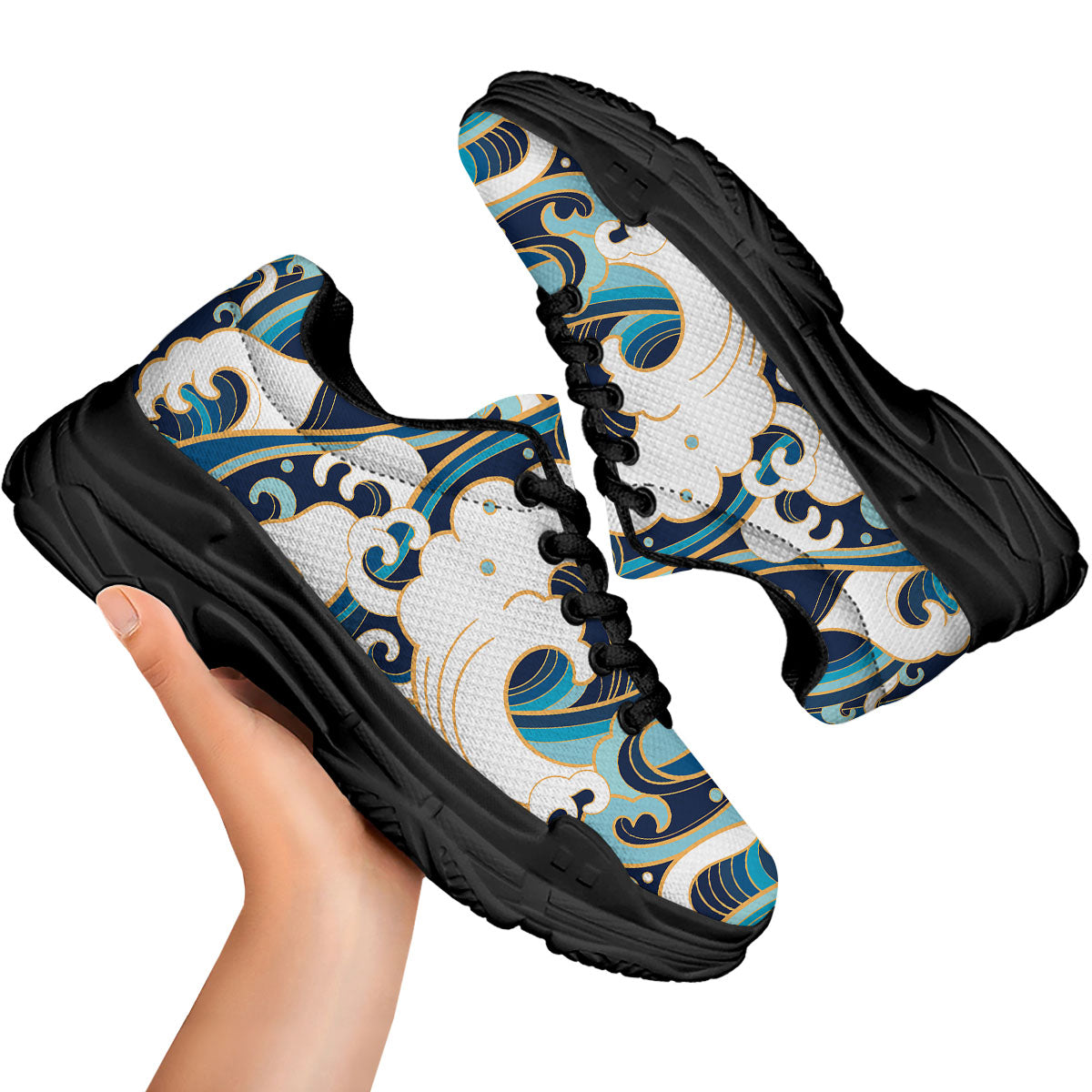 Ocean Wave Print Black Chunky Shoes-grizzshop