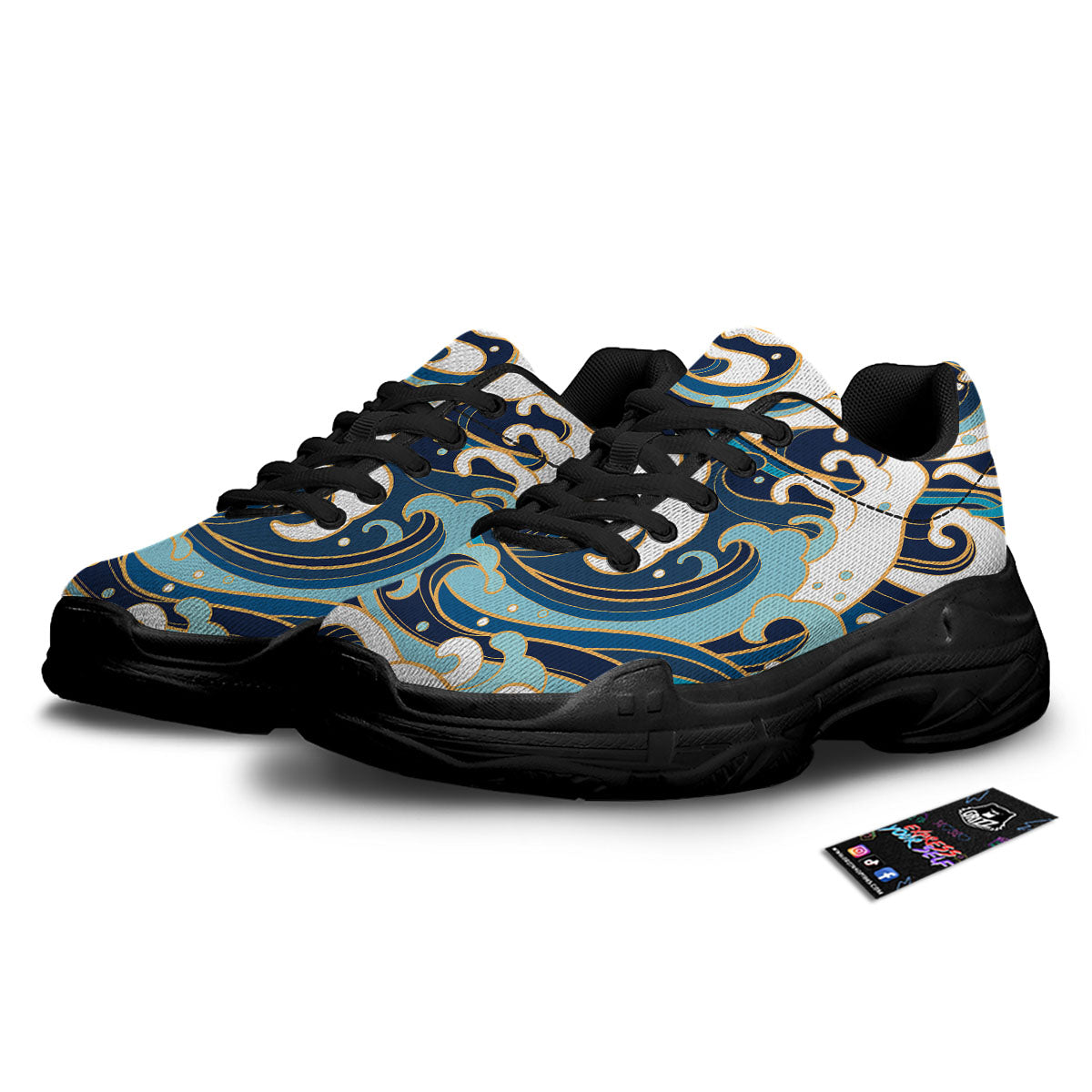 Ocean Wave Print Black Chunky Shoes-grizzshop