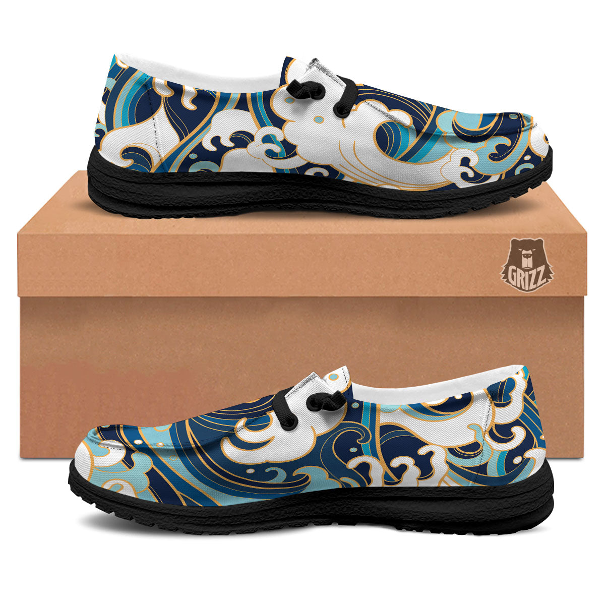 Ocean Wave Print Black Loafers-grizzshop
