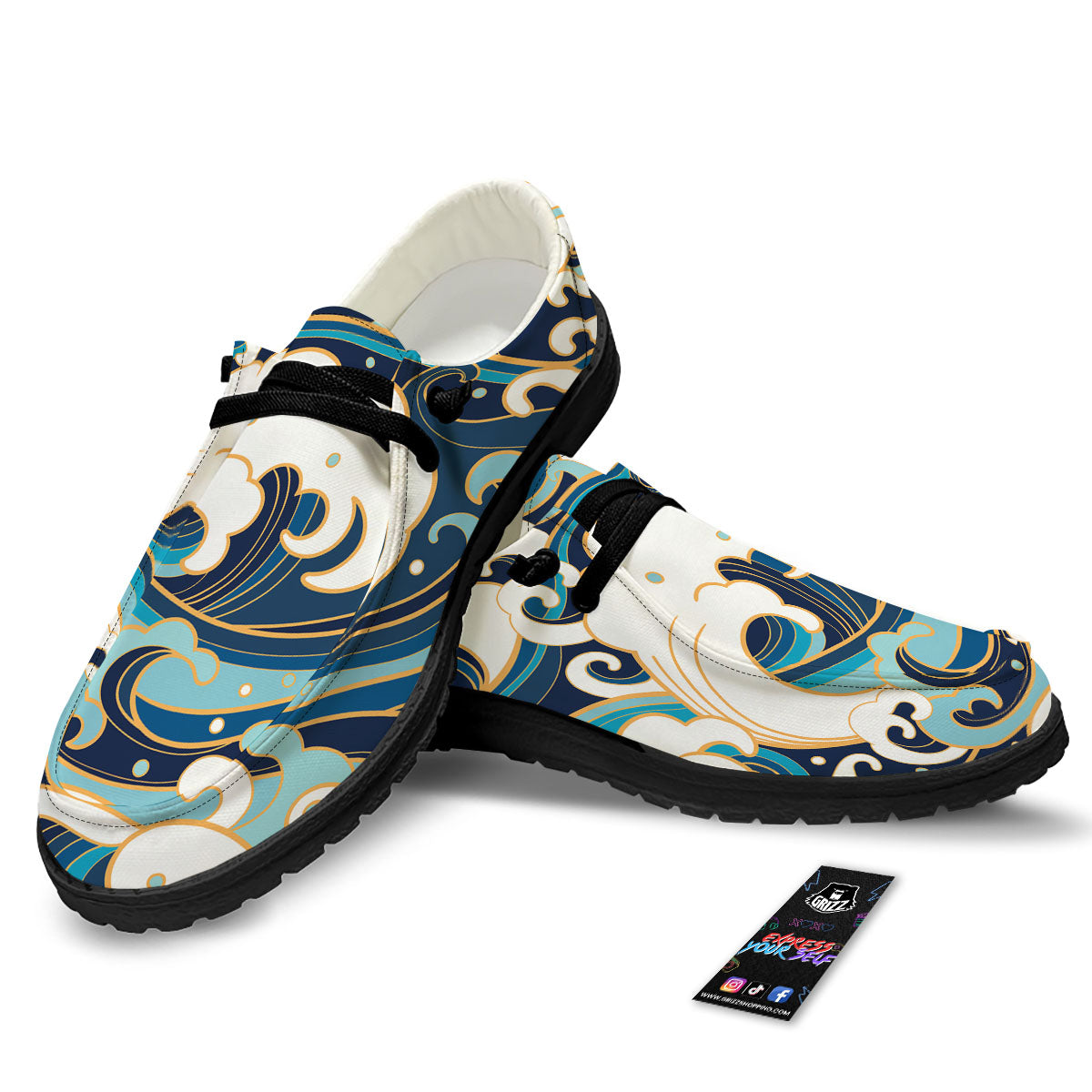 Ocean Wave Print Black Loafers-grizzshop
