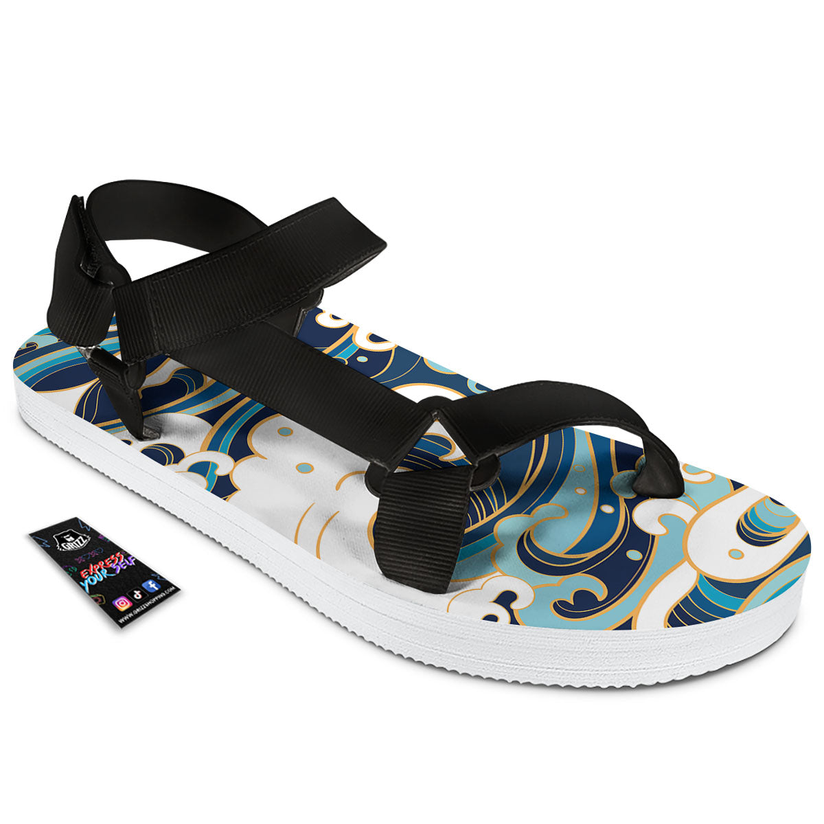 Ocean Wave Print Black Open Toe Sandals-grizzshop