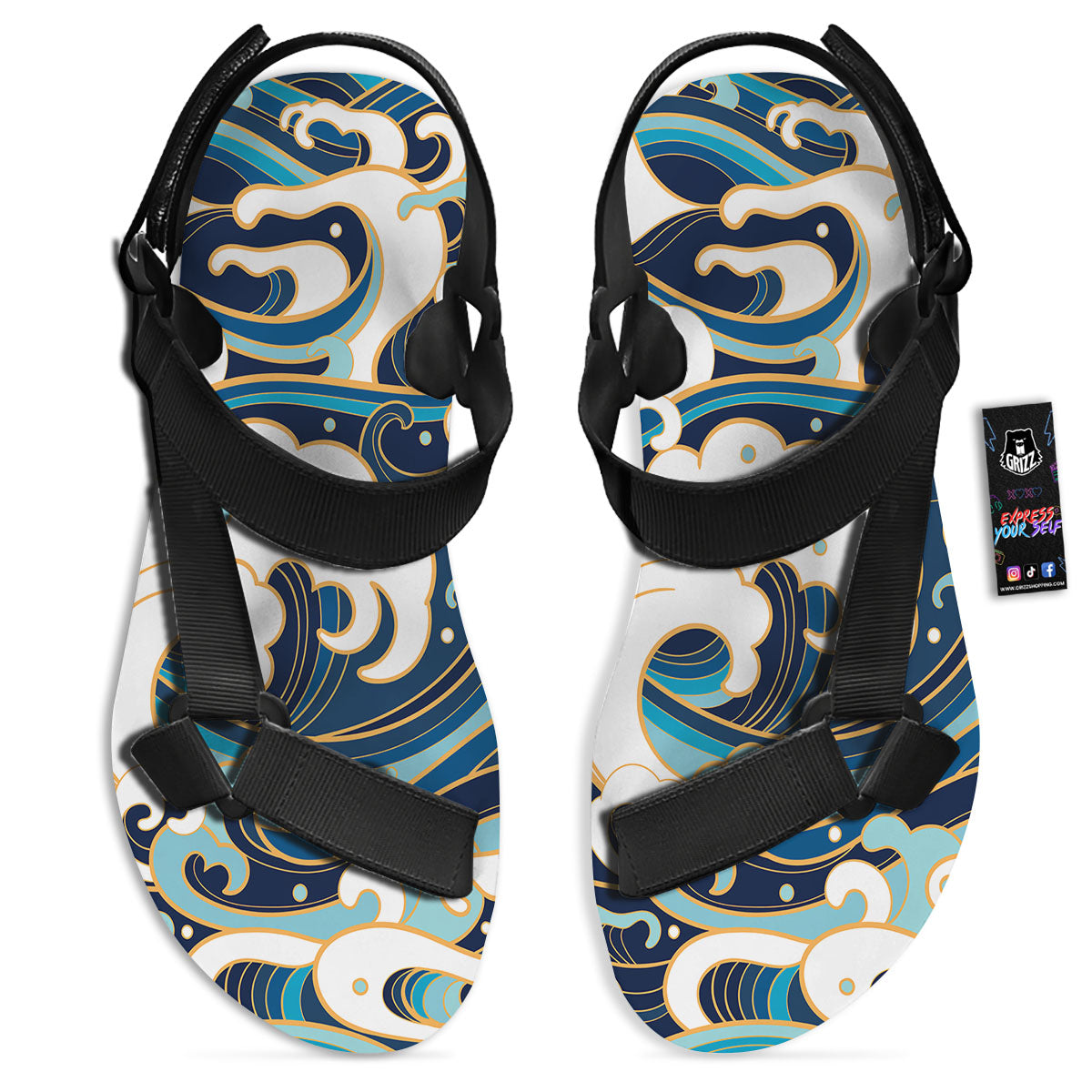 Ocean Wave Print Black Open Toe Sandals-grizzshop