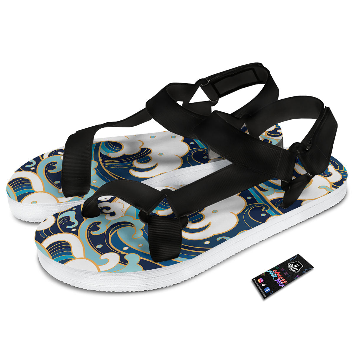 Ocean Wave Print Black Open Toe Sandals-grizzshop