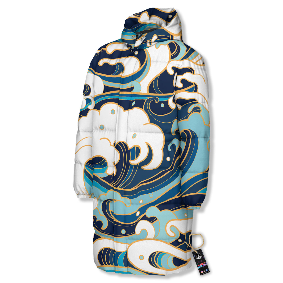 Ocean Wave Print Long Down Jacket-grizzshop
