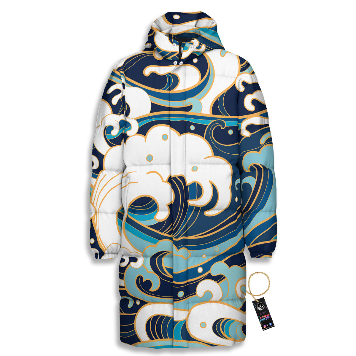 Ocean Wave Print Long Down Jacket-grizzshop