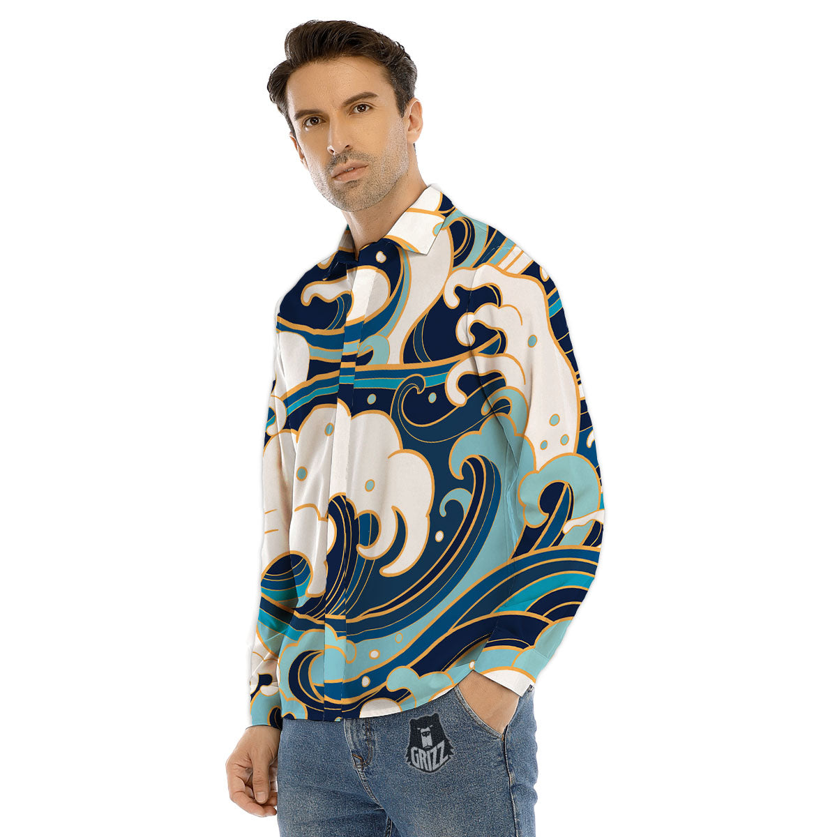 Ocean Wave Print Men's Dress Shirts-grizzshop