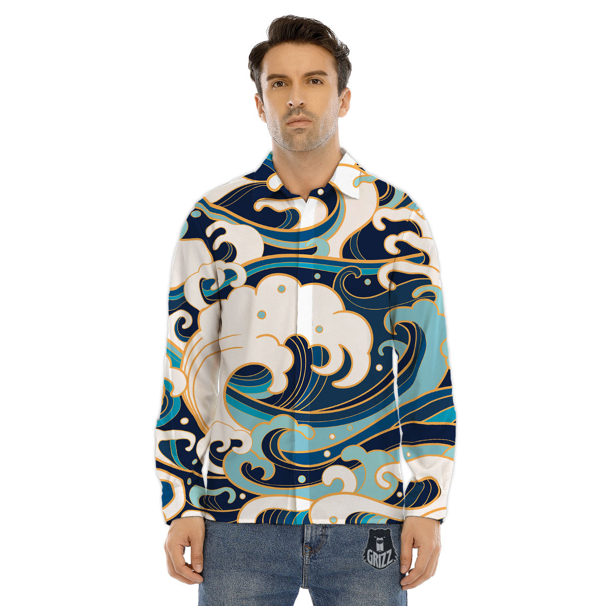 Ocean Wave Print Men's Dress Shirts-grizzshop