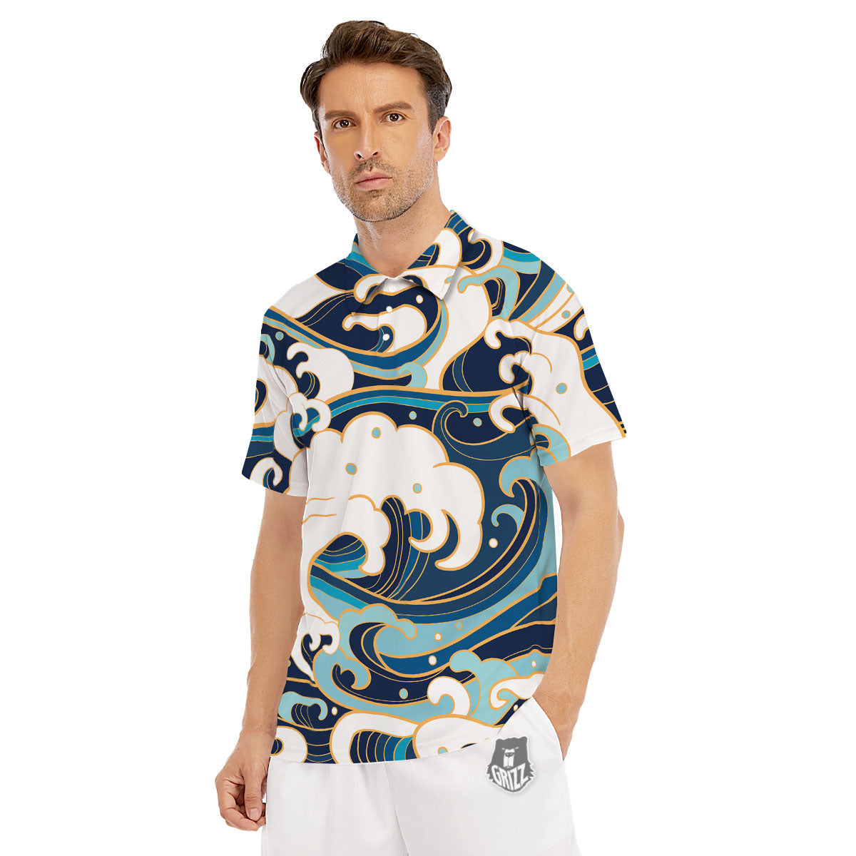 Ocean Wave Print Men's Golf Shirts-grizzshop