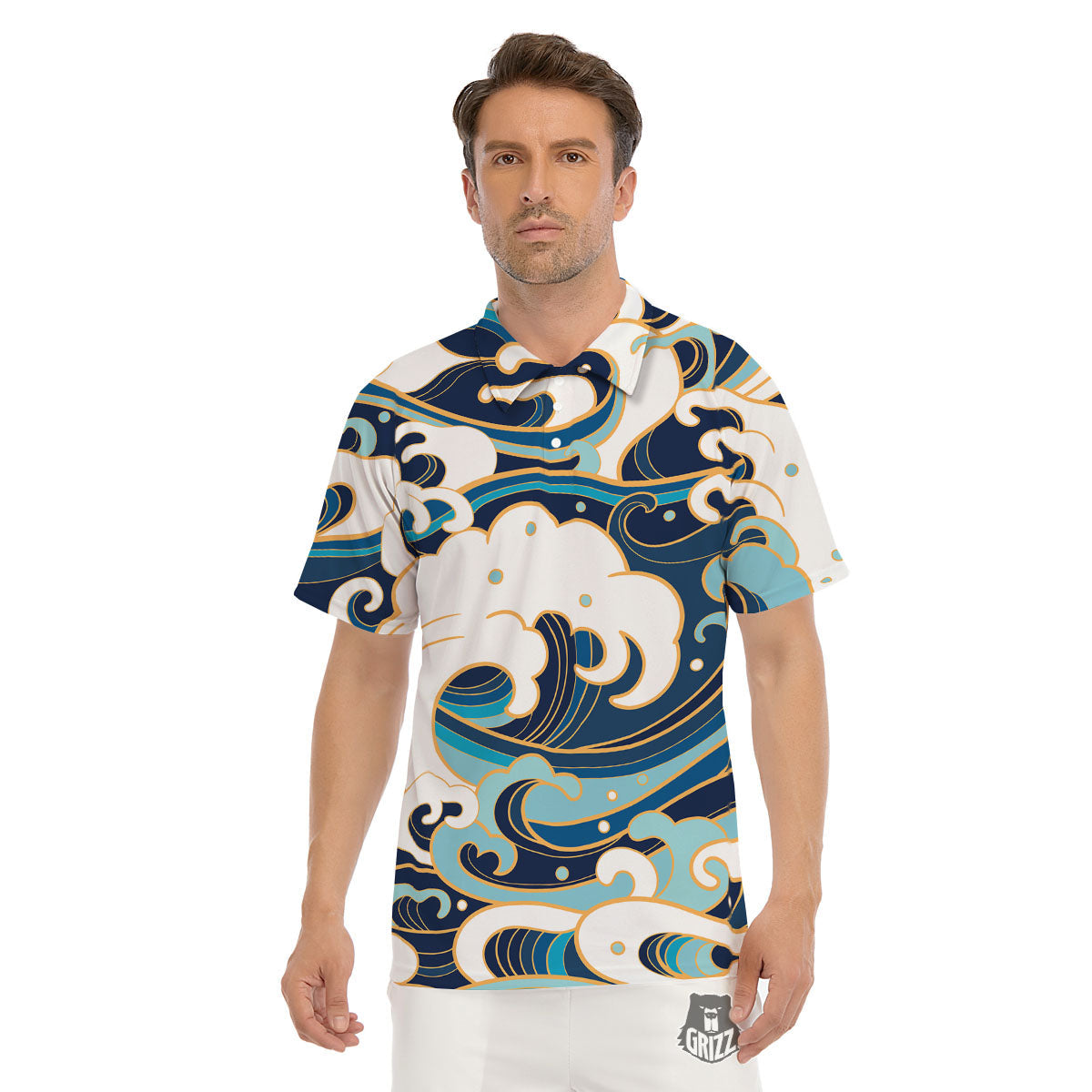 Ocean Wave Print Men's Golf Shirts-grizzshop