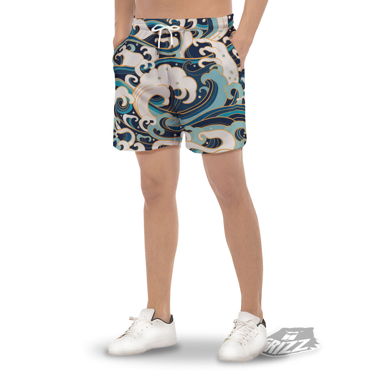Ocean Wave Print Men's Gym Shorts-grizzshop